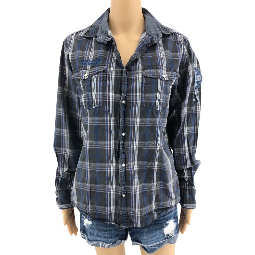 Springfield LARGE Gray Plaid Certified Smart Pearl Snap Boyfriend Shirt